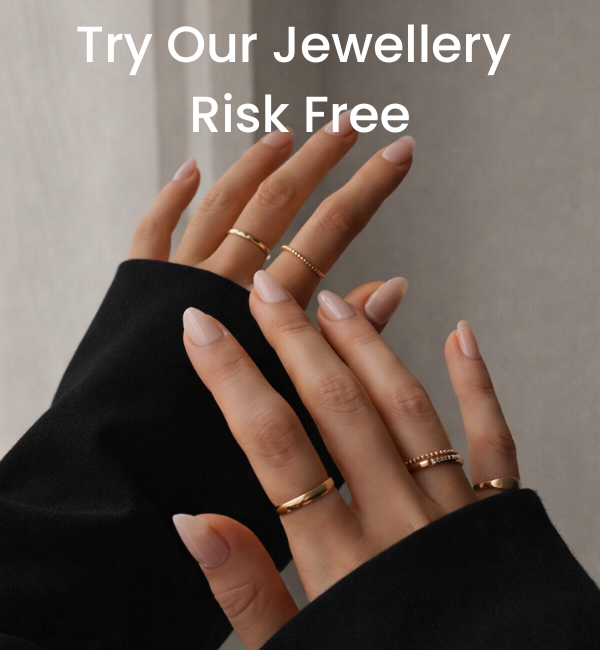 Hands wearing Qeyana rings with the words Try Our Jewellery Risk Free